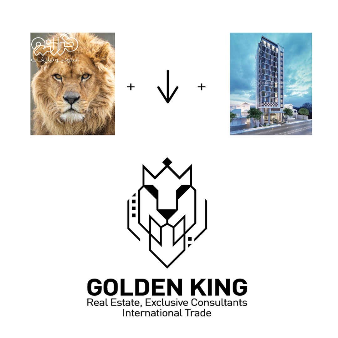 فرایند طراحی و شکل‌گیری ایده لوگوی شرکت گلدن‌کینگ، با الهام از سر شیر و ساختمان