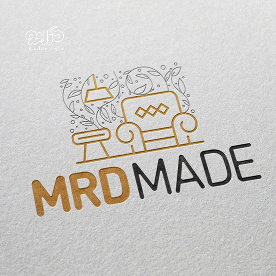 طراحی اتود پیشنهادی برای لوگوی MRDmade با ترکیب رنگ‌های کرم، طلایی و مشکی کاری از استودیو گرانو