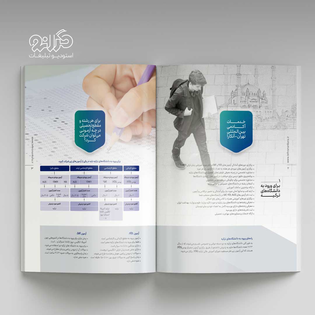 نمونه‌ای از صفحات داخلی کاتالوگ آکادمی بین‌المللی با تمرکز بر تحصیل در روسیه کاری از استودیو گرانو